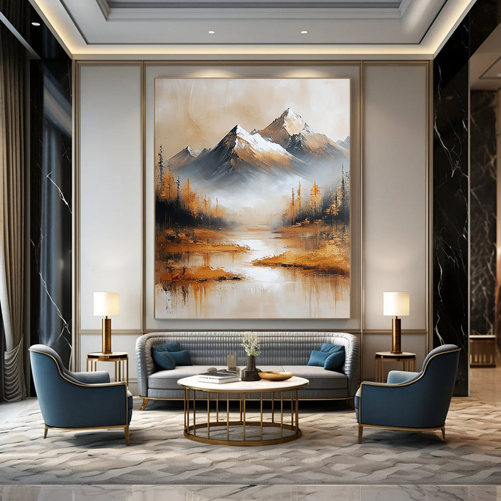 Contemporary abstract oil painting features golden mountains with a snow-capped background in a minimalist beige and gold color scheme. DLZ0481