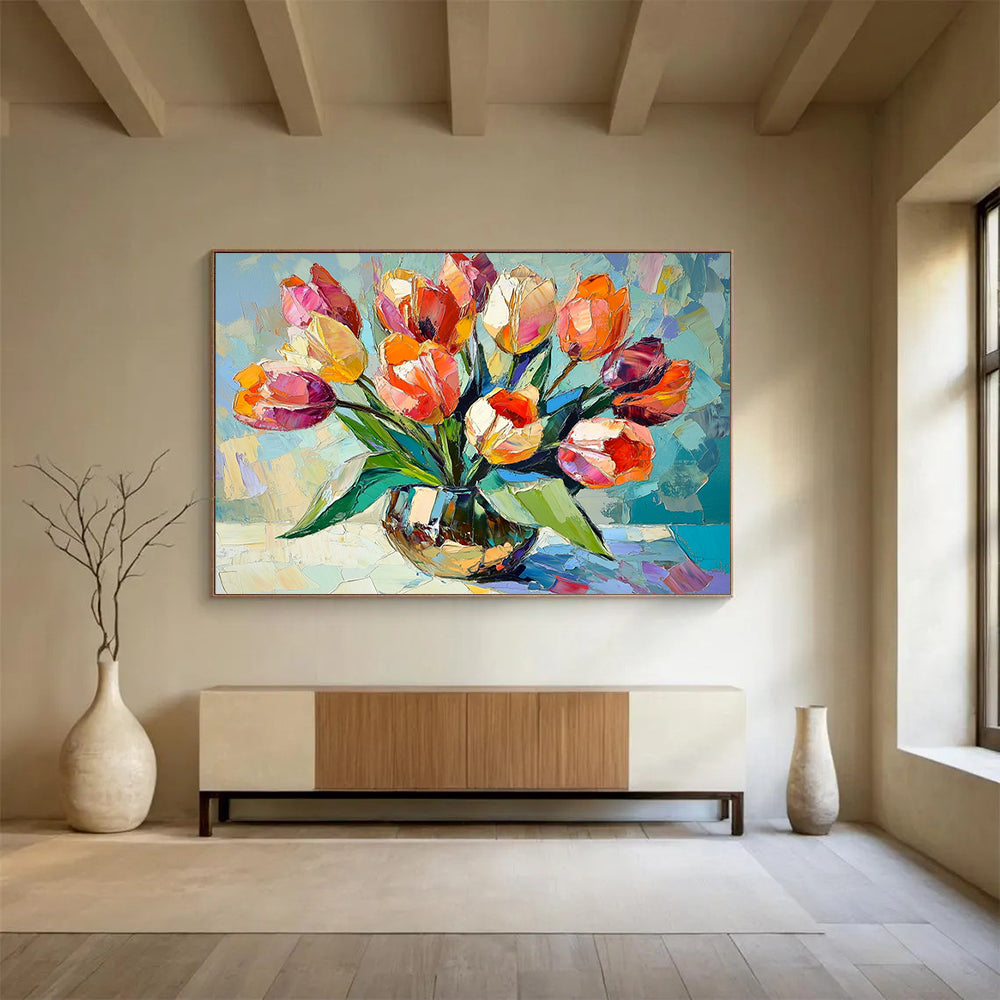 “Colorful Tulip Vase” - Vivid Oranges, Pinks, Purples, Lively Tulip Arrangement - Cubist - Inspired Oil Painting HB1723
