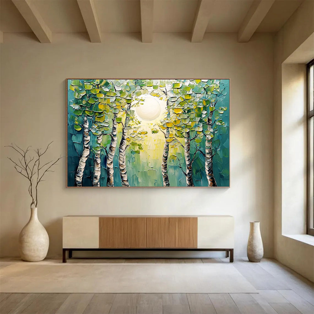 “Textured Forest Sunrise” - Green, Yellow, Blue, Textured Forest & Sun HB1133
