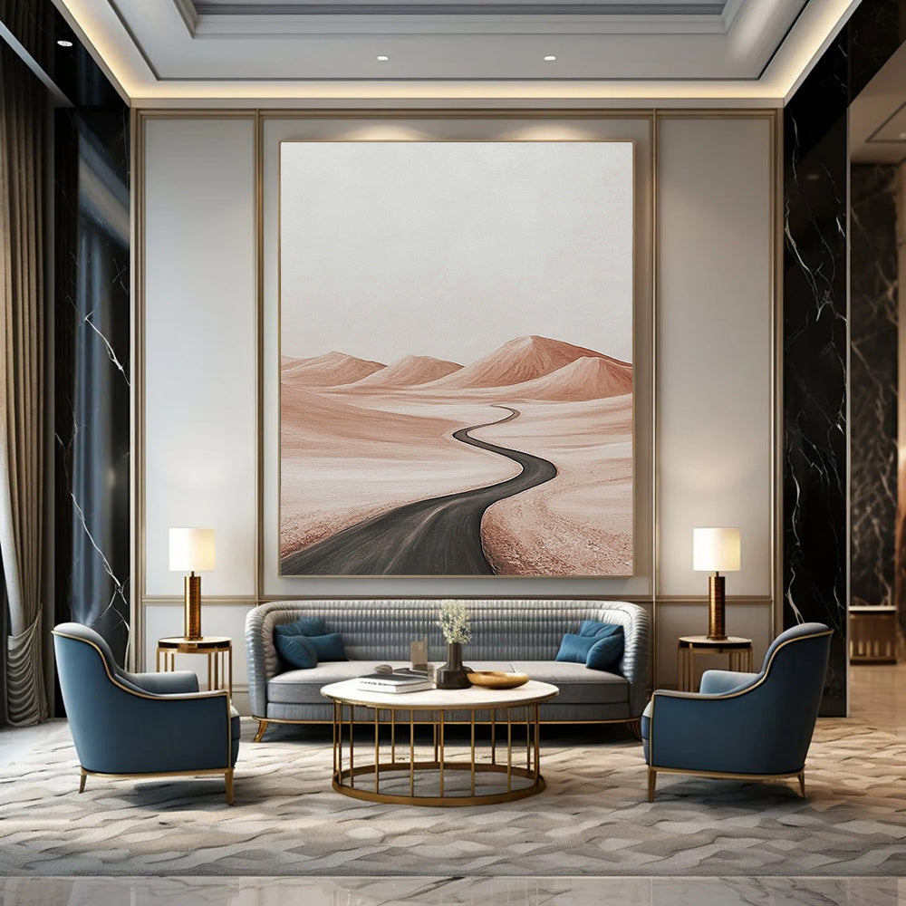 Contemporary abstract painting featuring a tranquil desert road with distant hills in subtle light browns and grays against a white background for serene ambiance. DLZ1451