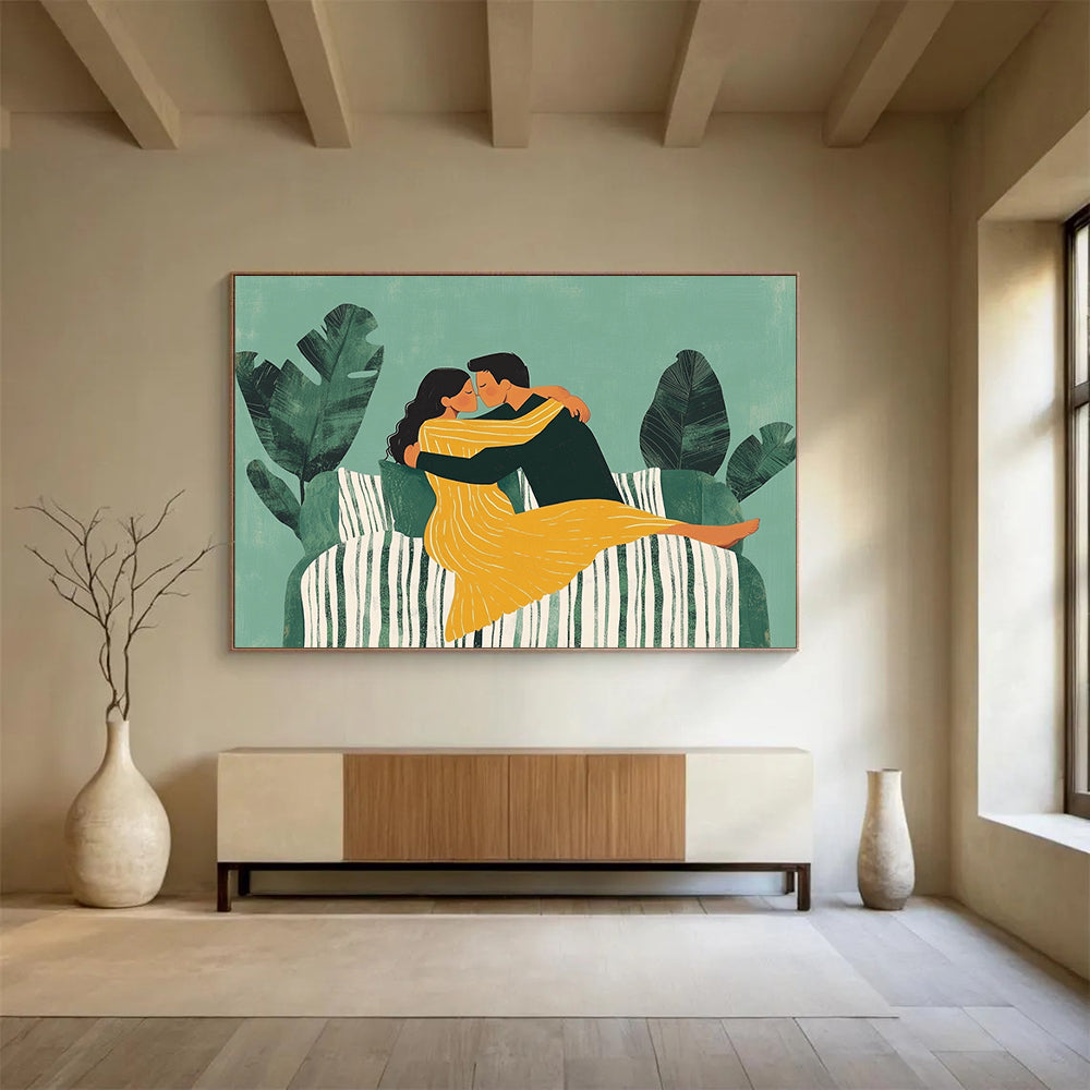 “Cozy Couples’ Embrace” - Greens, Yellows, Whites, Loving Illustration - Whimsical Wall Art HB1562