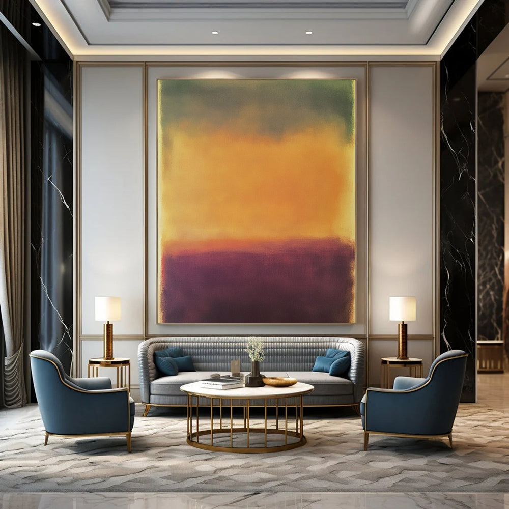 Contemporary hand-painted abstract artwork featuring a serene blurred landscape in earthy tones with a calming purple and vibrant yellow-orange sky. DLZ1389