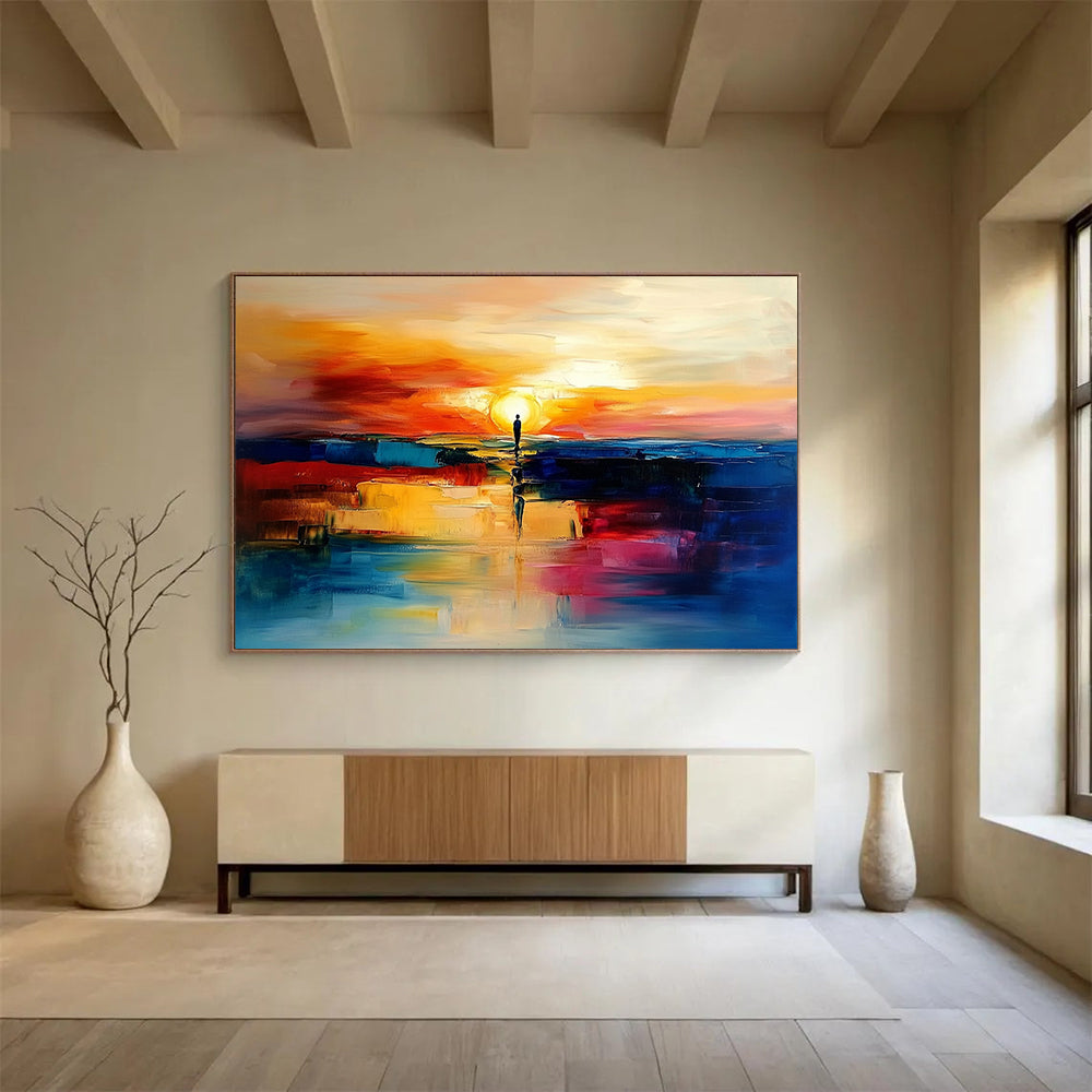 “Sunset Silhouette Reflection” - Orange, Red, Blue, Figure & Sunset Painting On Canvas HB0735