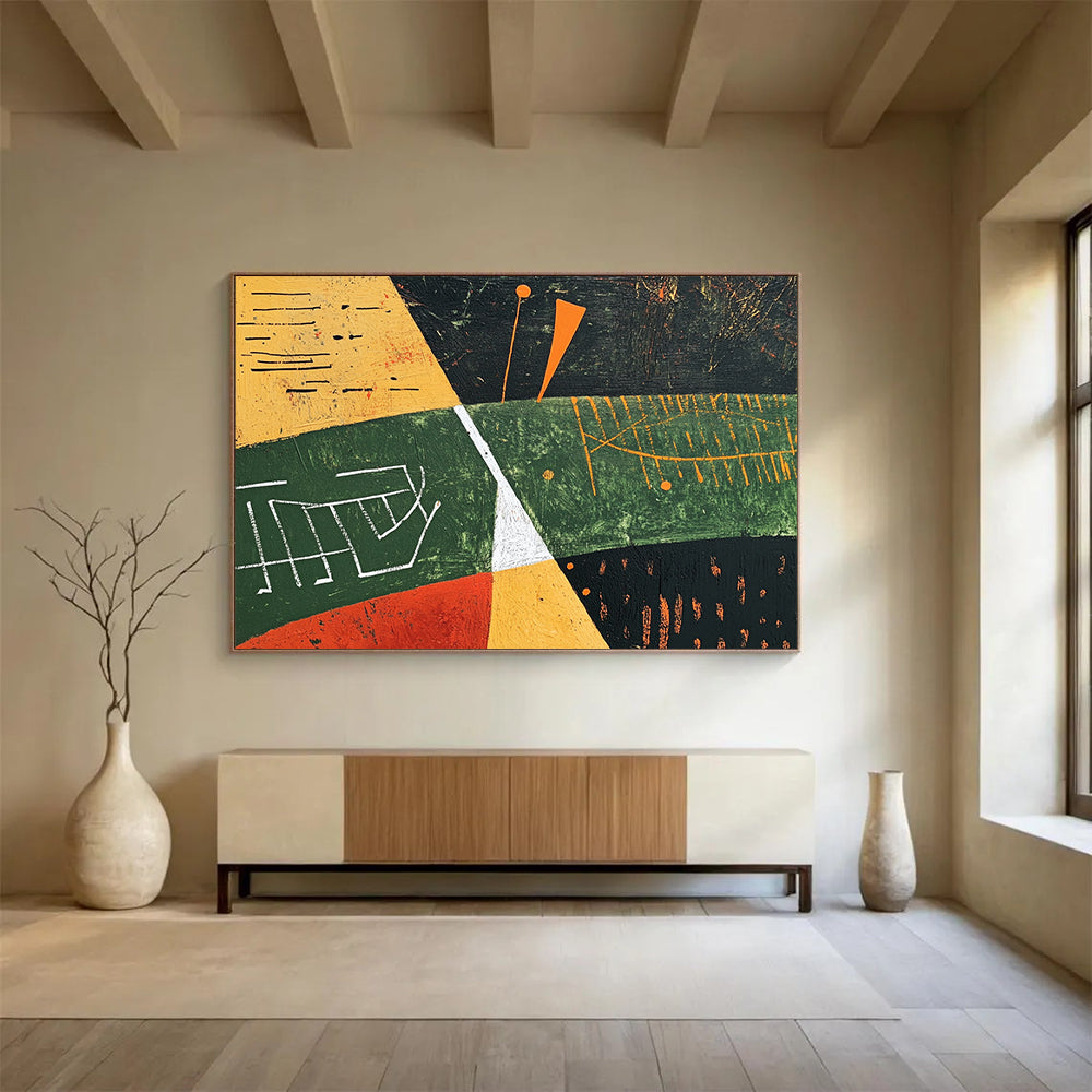 “Geometric Landscape Abstract” - Green, Yellow, Orange, Black, White, Geometric Fields, Symbols - Painting On Canvas HB1445