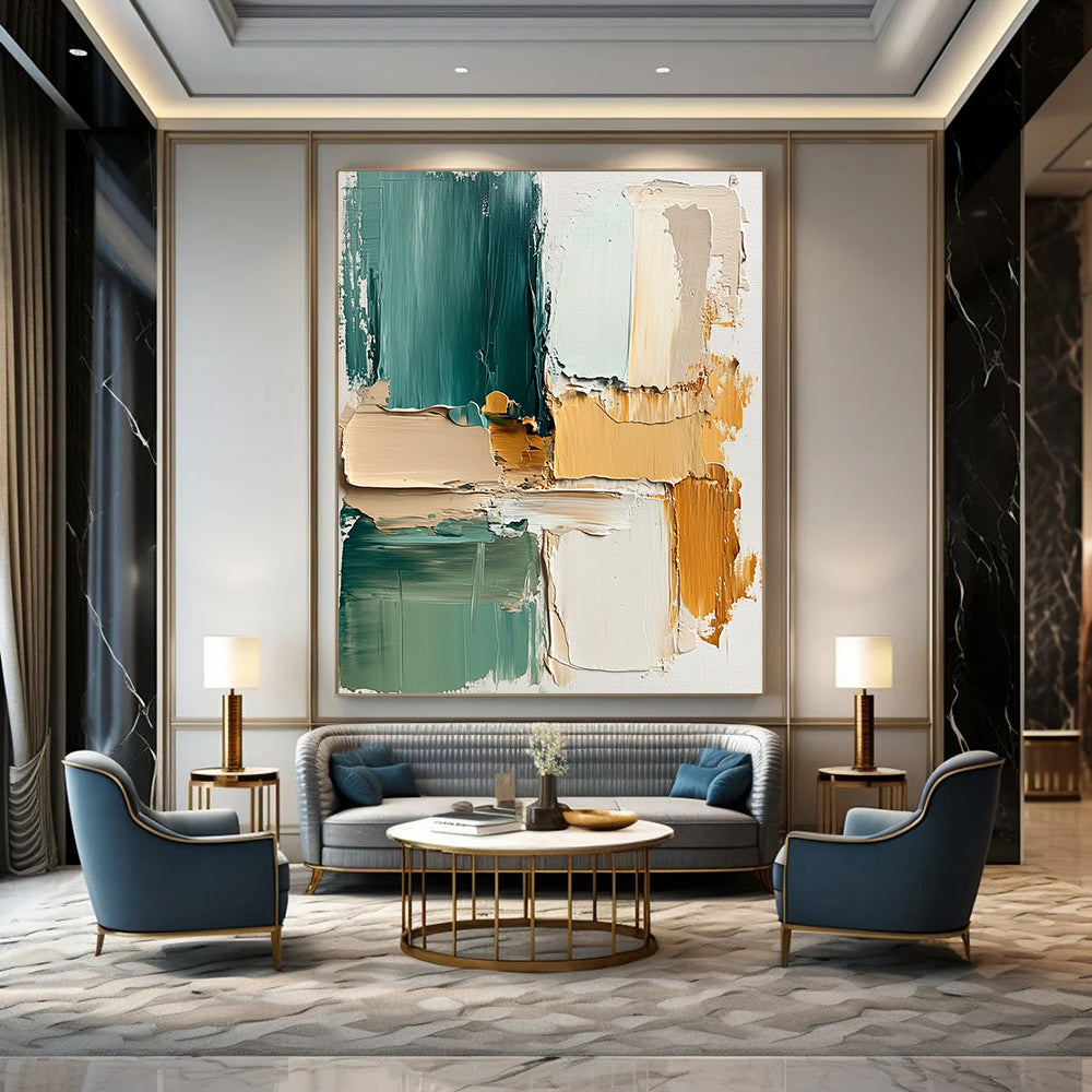 Contemporary abstract painting showcasing thick brush strokes in beige and teal with soft splashes and layers of cream green and yellow on textured canvas. DLZ1080