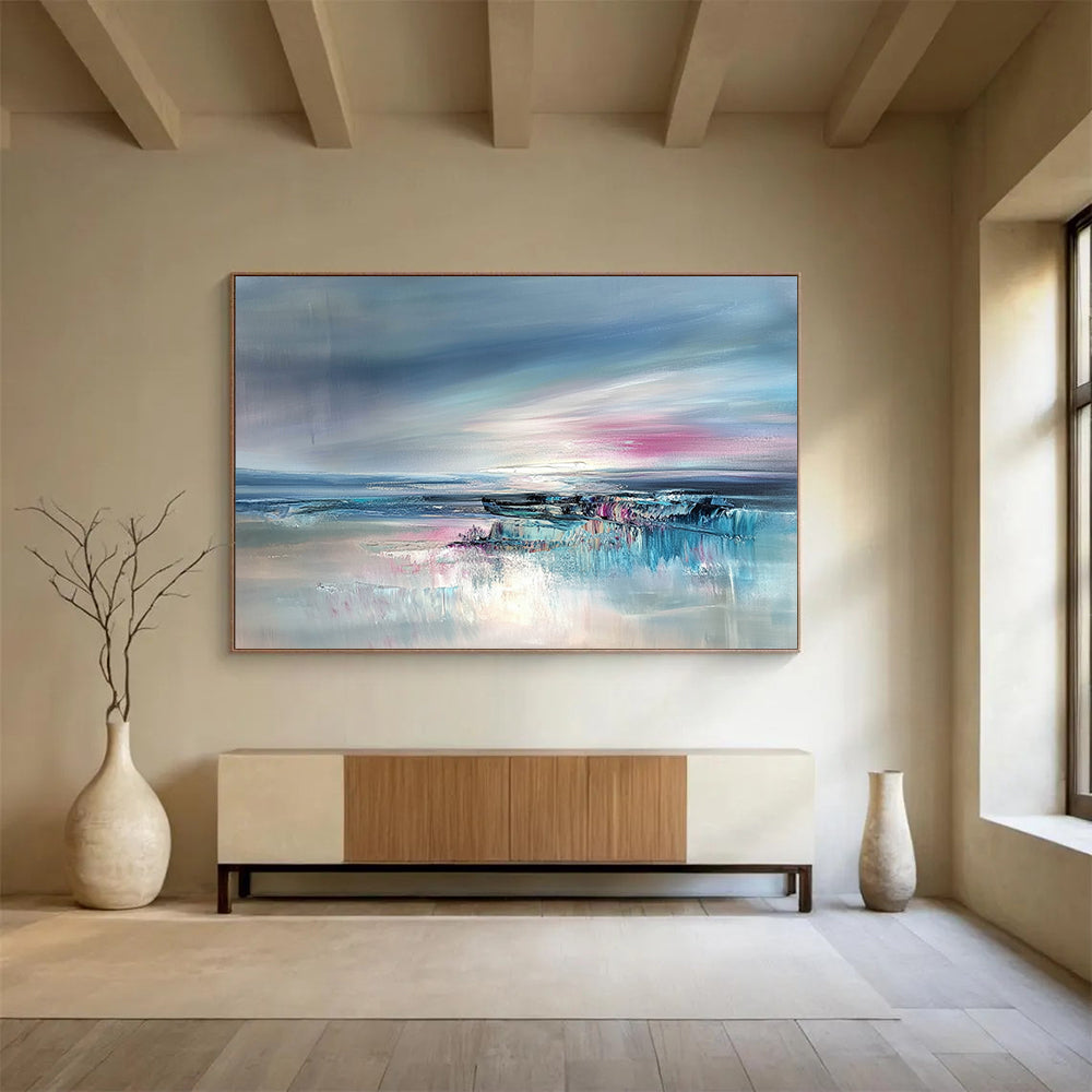 “Abstract Seaside Blush” - Blue, Pink, Gray, Dreamy Coastal Horizon Painting On Canvas HB1031