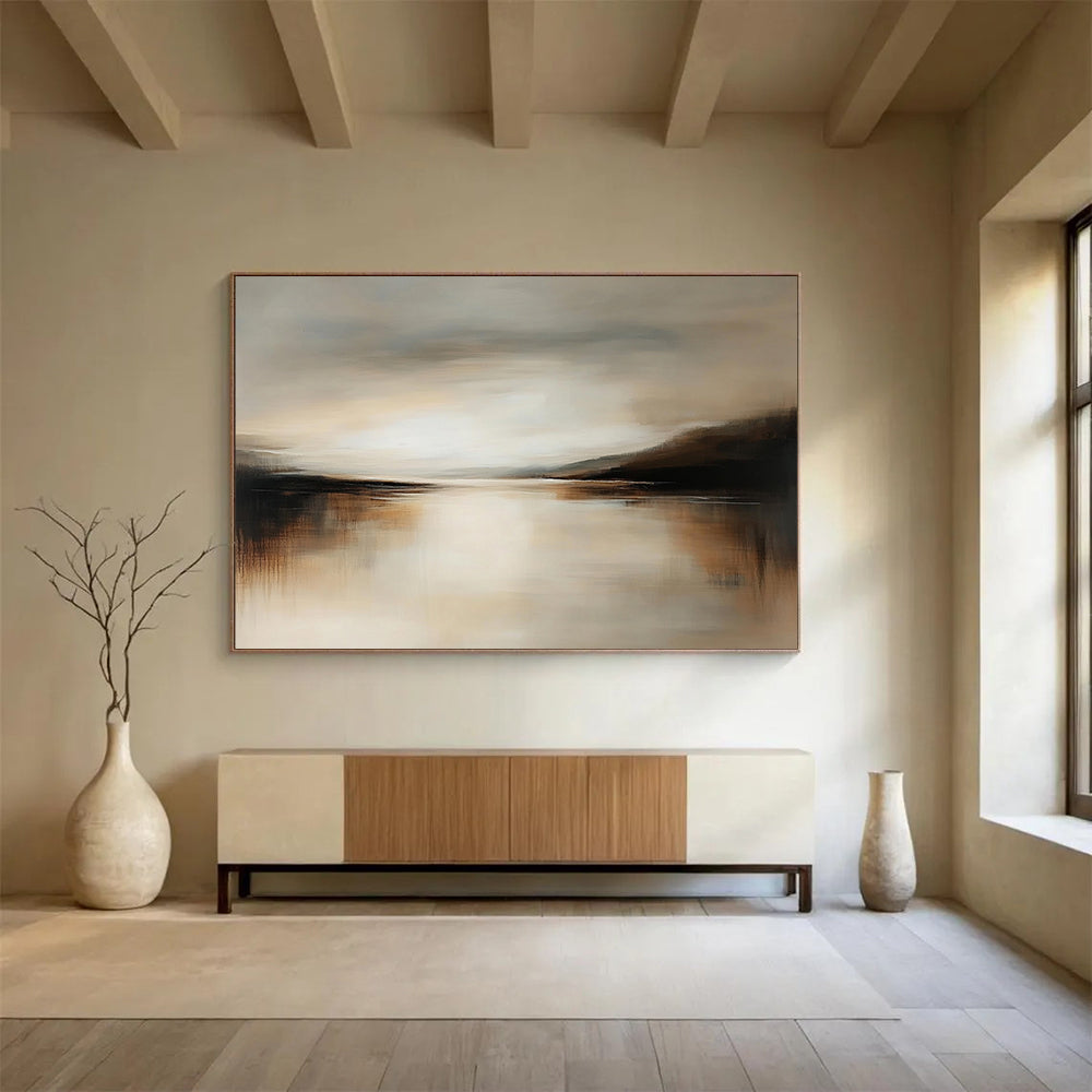 “Neutral Water Mirror” - Warm Beiges, Browns, and Muted Grays, Calm Water Reflecting a Subtle Sky Painting On Canvas HB0913