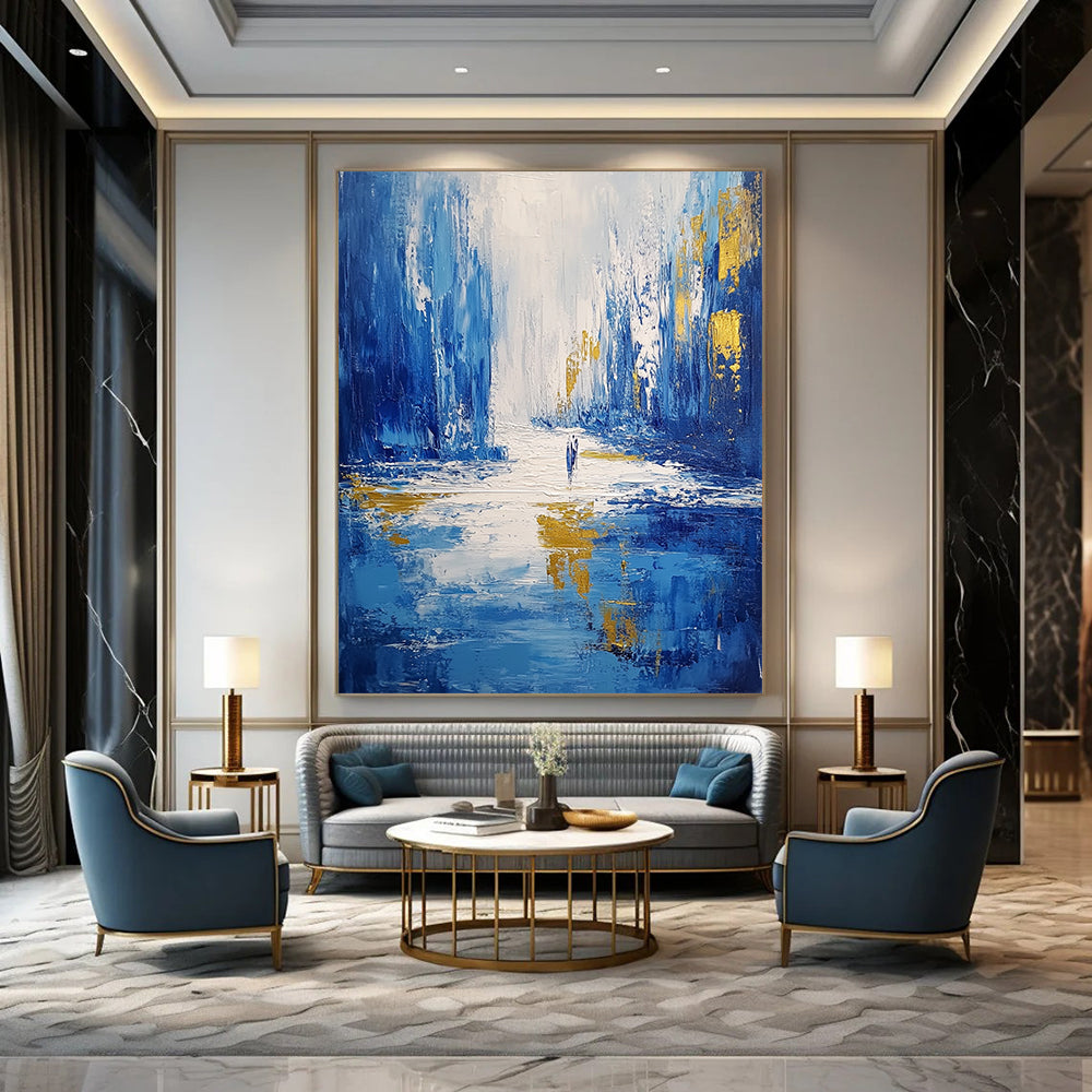Contemporary abstract artwork featuring thick cold blue brush strokes depicting an icy cityscape with dynamic highlights and reflections on flowing water. DLZ0350