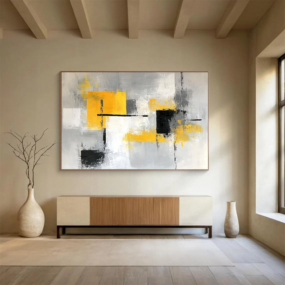 “Gray and Yellow Geometric Abstract” - Gray, Yellow, Geometric Shapes Painting On Canvas HB0887