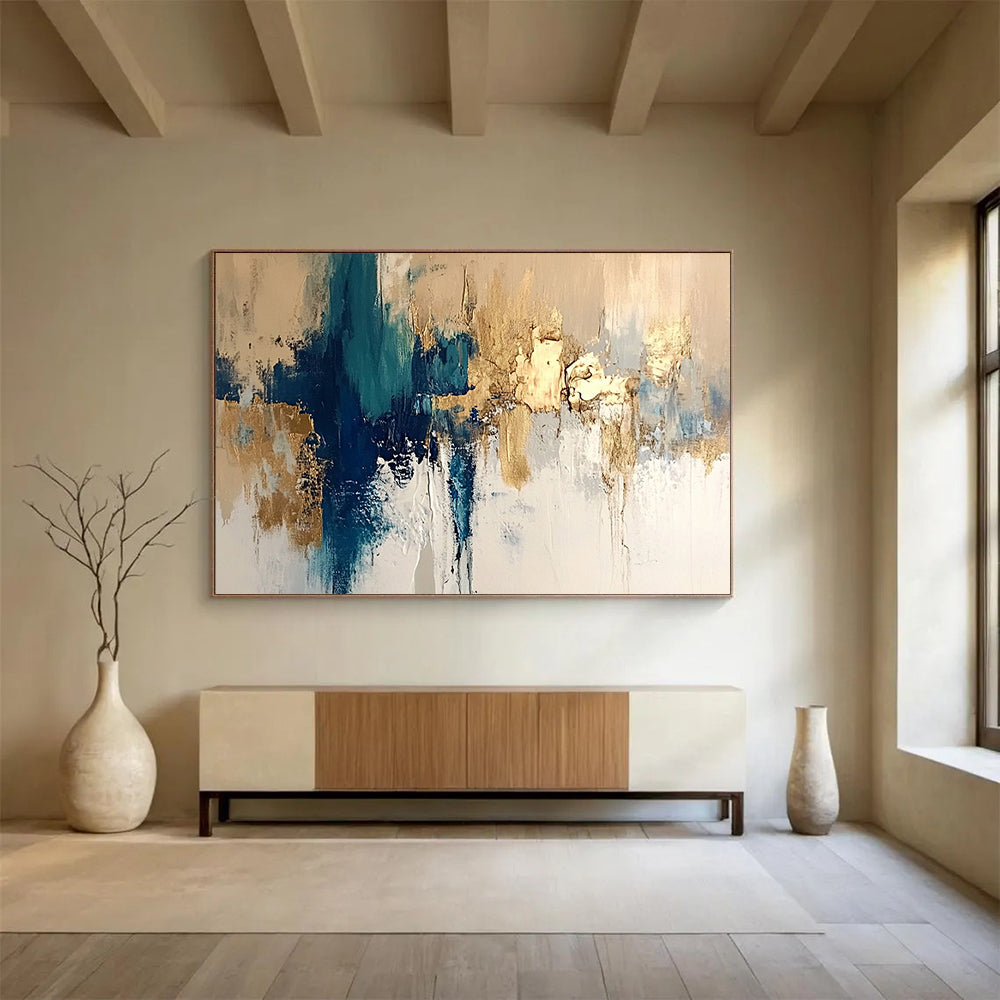 “Blue and Gold Abstract” - Beige, White, Blue, Gold, Elegant Abstract Painting On Canvas HB0964