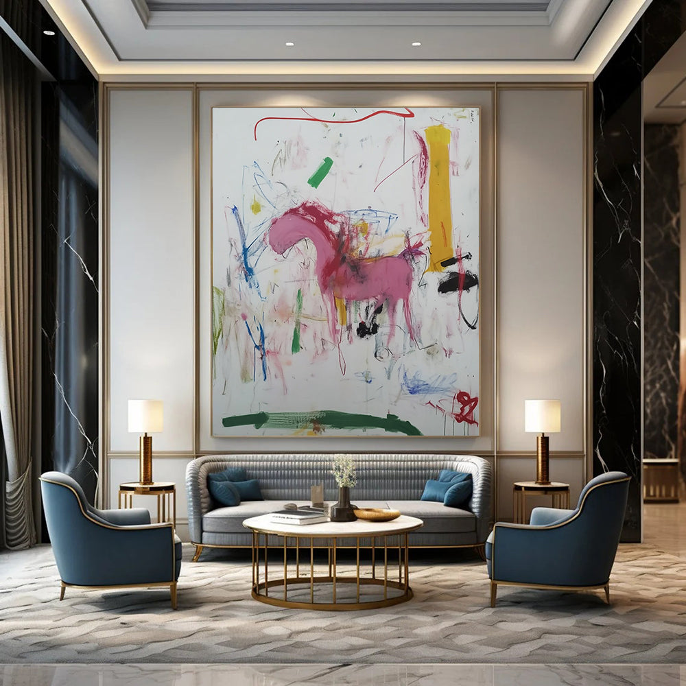 Contemporary abstract artwork featuring vibrant marker scribbles a pink horse a green river a yellow tower and a red arrow accentuating the composition. DLZ1011