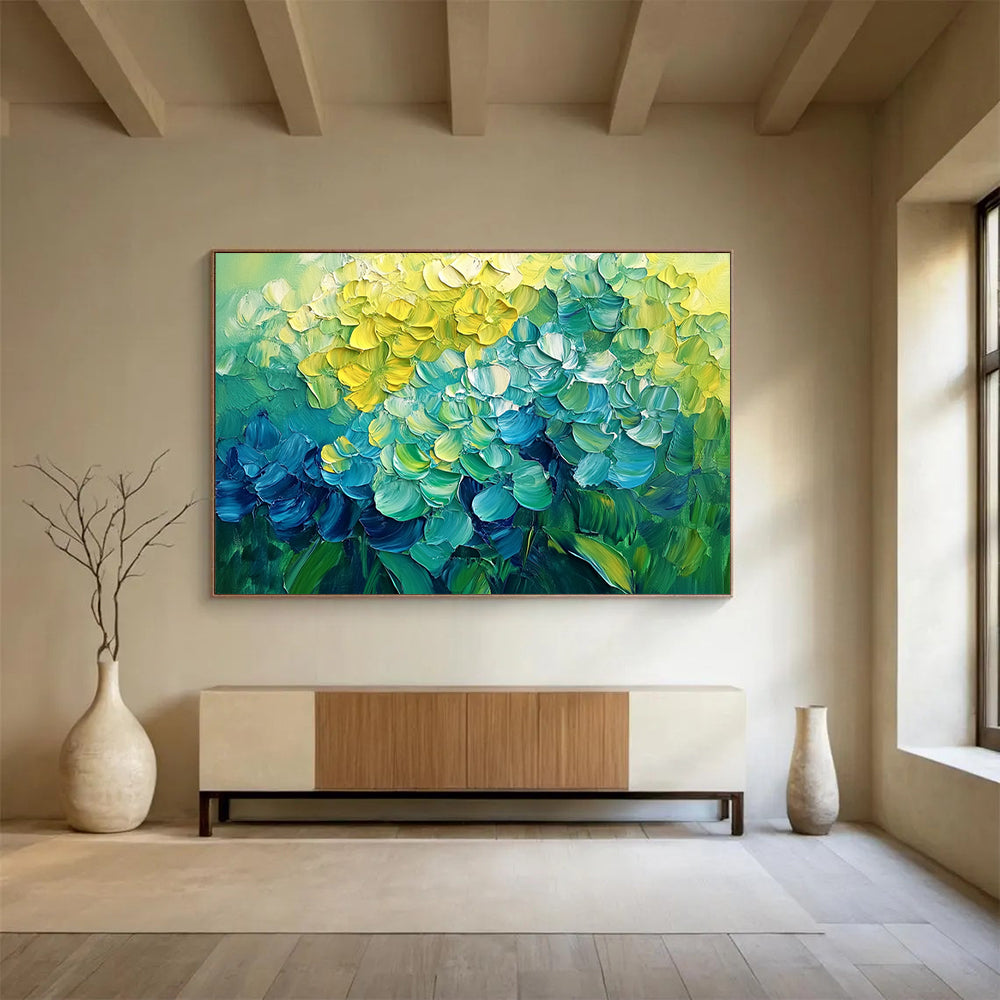 “Vibrant Hydrangeas Burst” - Yellow, Teal, Blue, Lush Flower Blooms Painting On Canvas HB1016