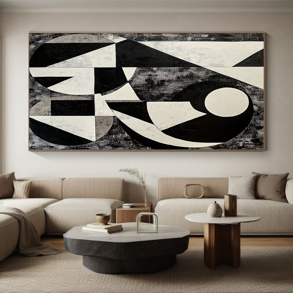 Black, White and Gray Geometric Abstraction "Monochrome Maze" Painting On Canvas HB392