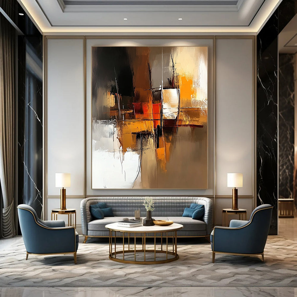 Contemporary abstract art features a warm brown and amber palette with smooth brush strokes and a minimalistic composition highlighted by a dynamic golden ratio design. DLZ0954