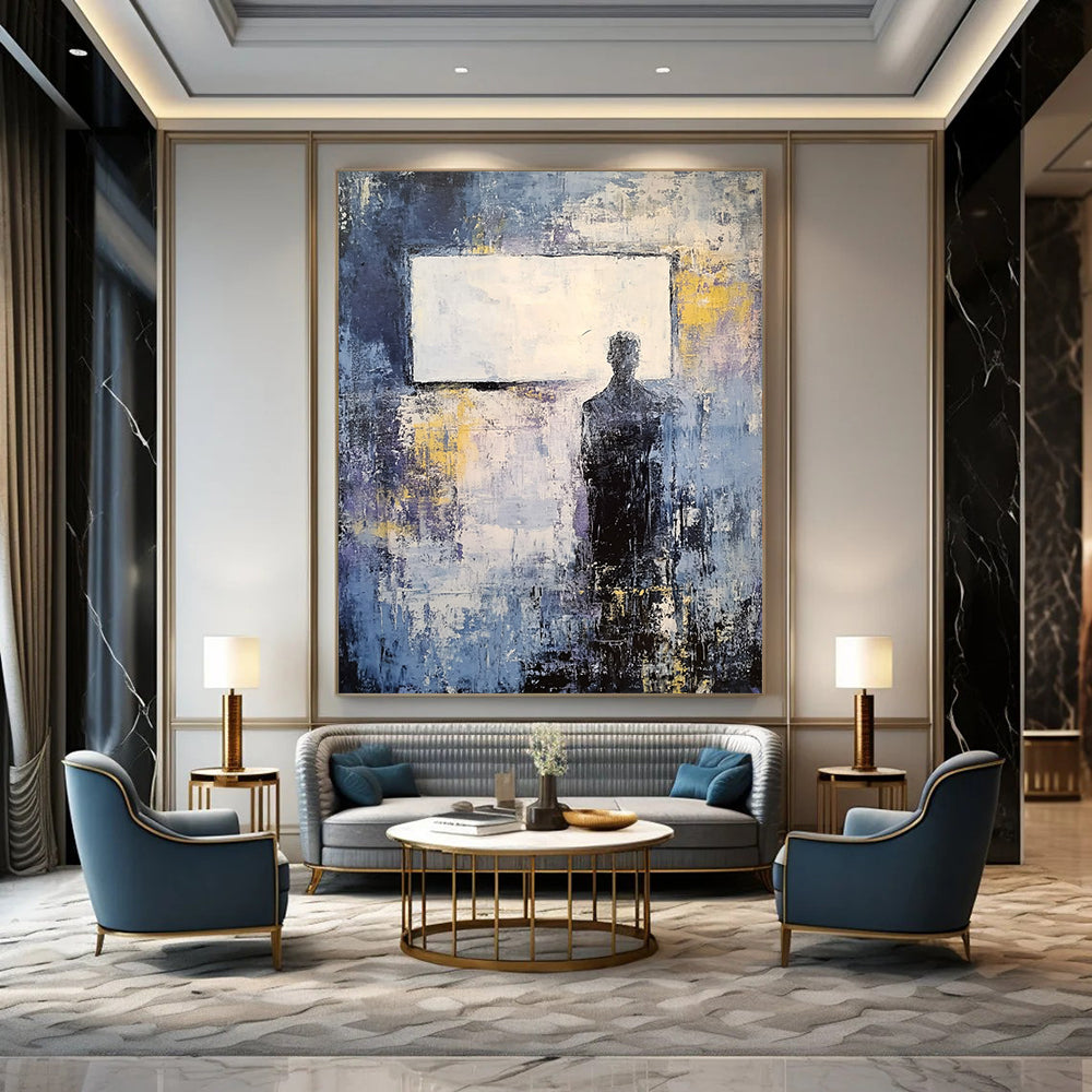 Large contemporary abstract painting featuring soft gray and blue tones with yellow accents and a vintage white rectangle on a dark grungy background. DLZ0503