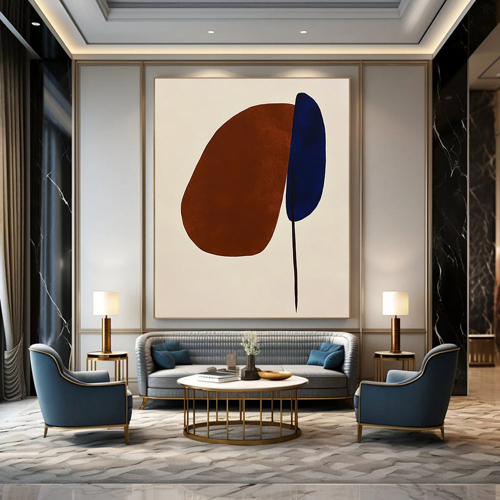 Contemporary hand-painted abstract art featuring simple brown and blue shapes on white, highlighting an oval and a space-inspired petal in a minimalist style. DLZ1310