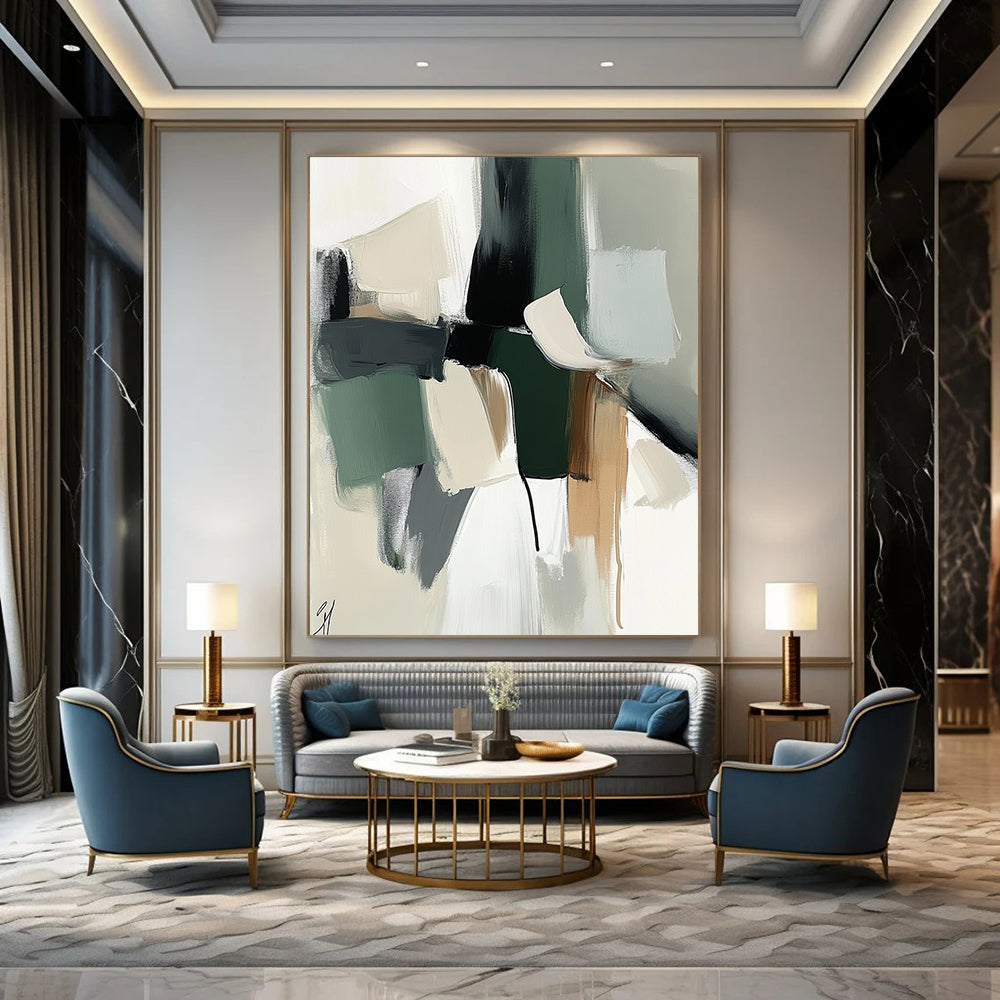Large contemporary hand-painted abstract artwork with soft shapes and colors in sage green and white, complemented by dark gray for a gentle atmosphere. DLZ0770