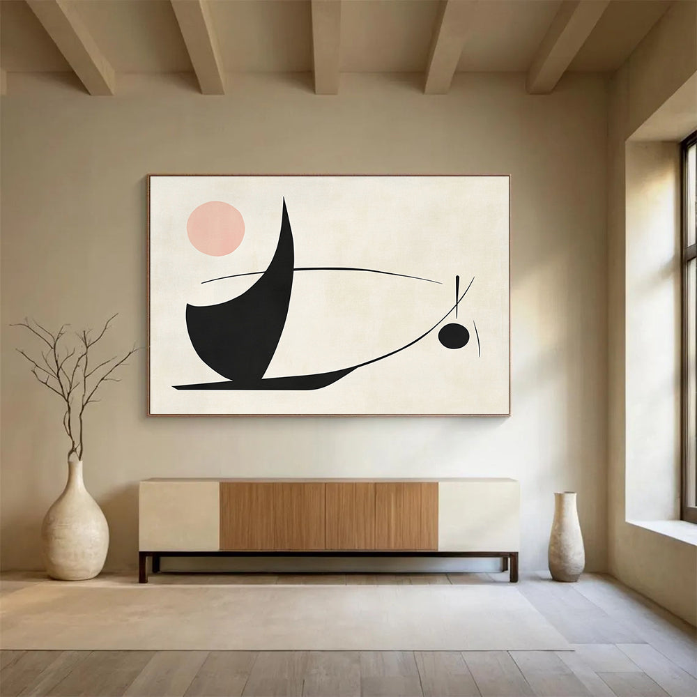 “Abstract Black - Pink Shapes” - Black, pink, and curved lines, Abstract Geometric Painting On Canvas HB0548