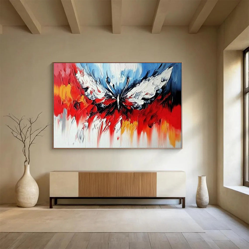Red, Blue, White, Yellow and Gray Abstract Butterfly "Vibrant Wings" Painting On Canvas HB0418