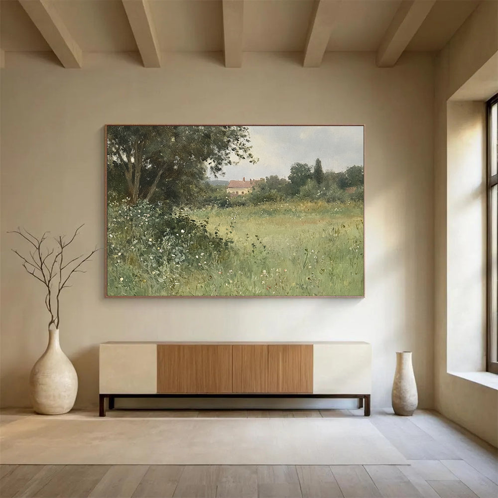 “Rural Retreat” - Greens, Browns, Whites, Countryside with House - Realist Oil Painting HB1597