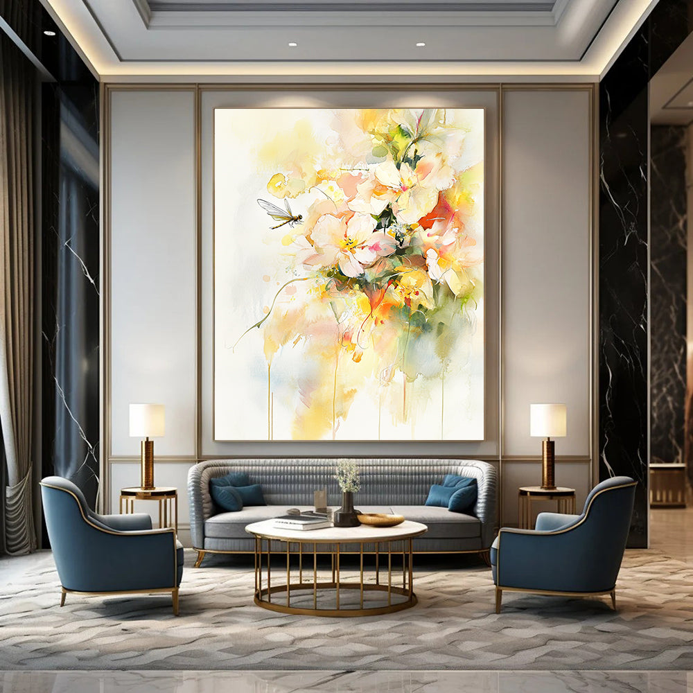 Contemporary abstract art featuring vibrant watercolor flowers and leaves with delicate gold accents a serene dragonfly and light yellow tones on a white background. DLZ1082