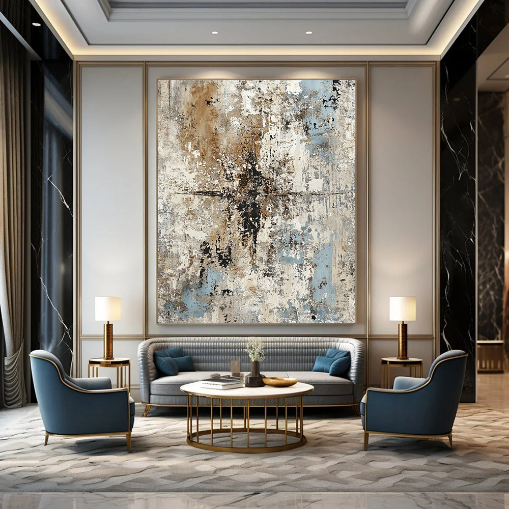 Contemporary hand-painted abstract artwork features weathered concrete and peeling paint in muted grays browns and blues for timeless elegance and rustic charm. DLZ1168