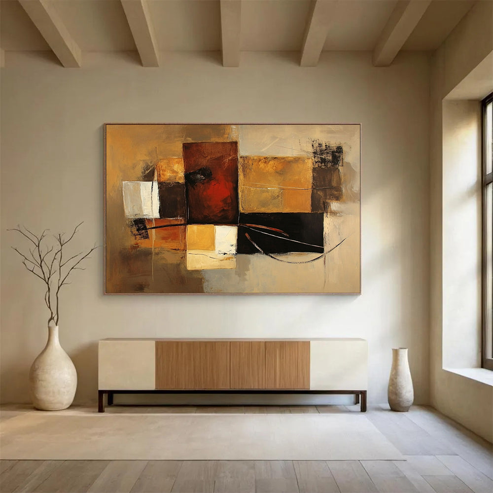 “Brown Geometric Abstract” - Brown, Gold, Black, White, Geometric Forms - Painting On Canvas HB1427