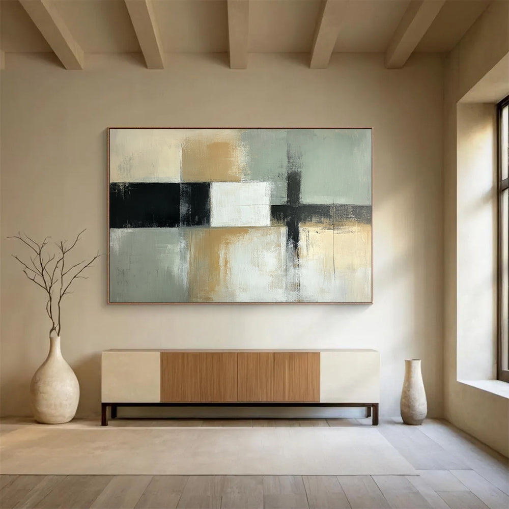 “Subtle Geometric Abstract” - Beige, gray, white, black; Geometric abstract with soft color transitions; Acrylic Painting On Canvas HB1258