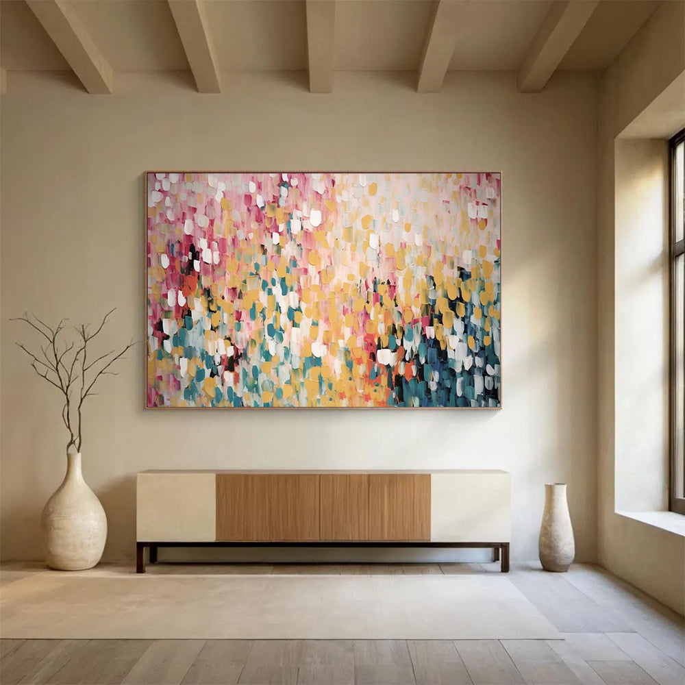Yellow - Pink Dot Abstract - Cheerful Dining Room Art DLZ166