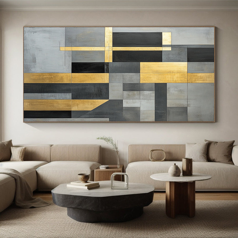 Gray, Black, Gold and White Geometric Composition "Timeless Structure" Painting On Canvas HB354