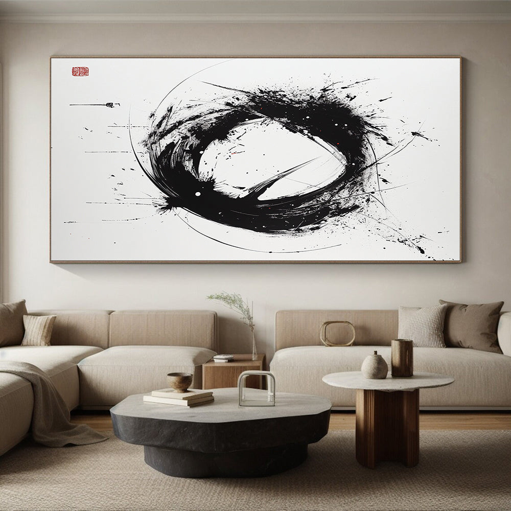 Black and White Dynamic Circle "Wild Enso" Painting On Canvas HB260