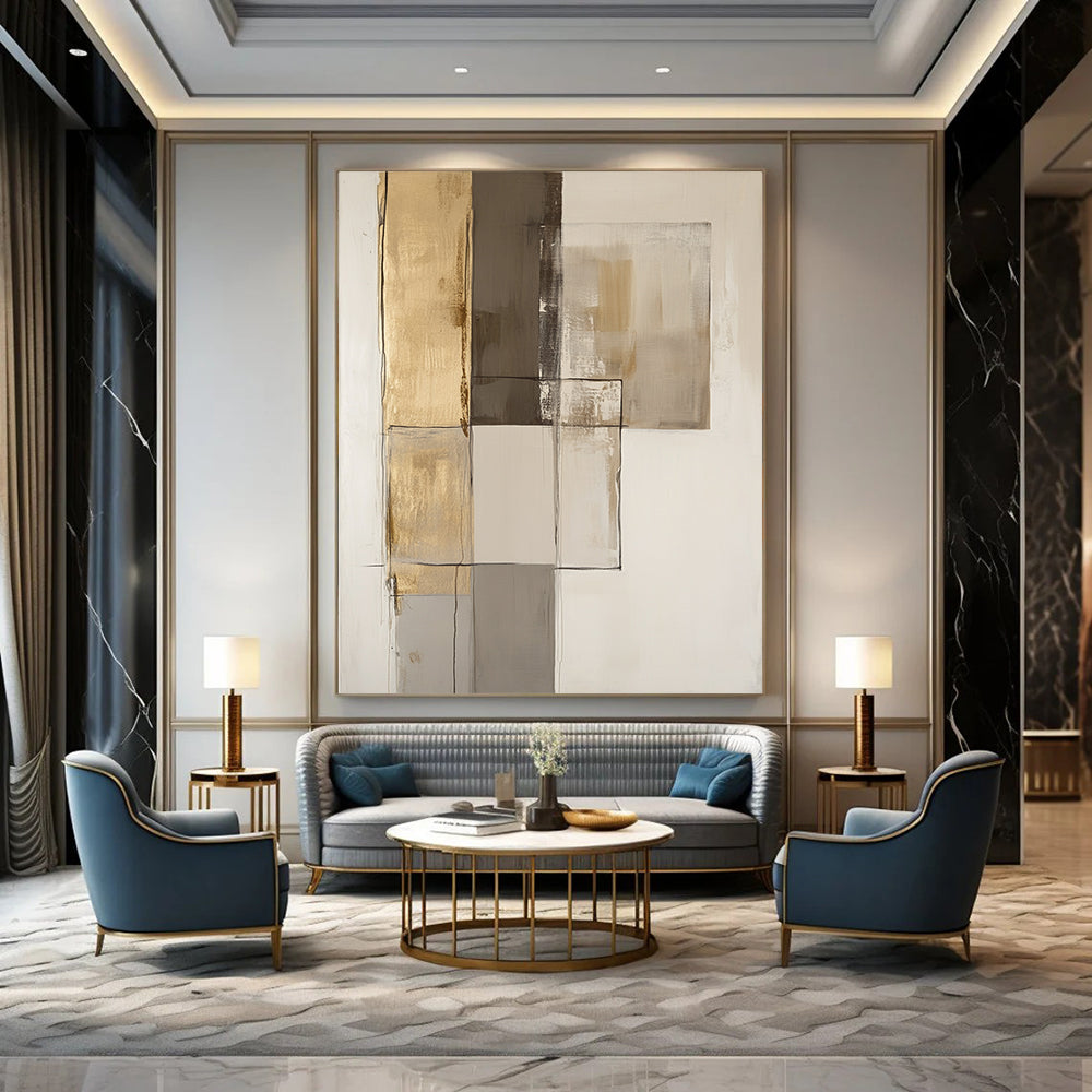 Contemporary hand-painted abstract art featuring textured brown and gold accents with smooth shades of gray on an off-white background. DLZ1070