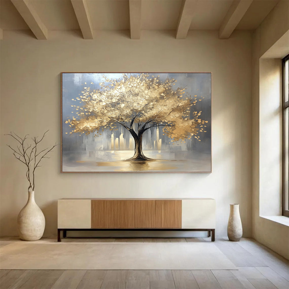 “Golden Tree in City” - Gray background, golden foliage, cityscape, Textured Tree Painting On Canvas HB0592