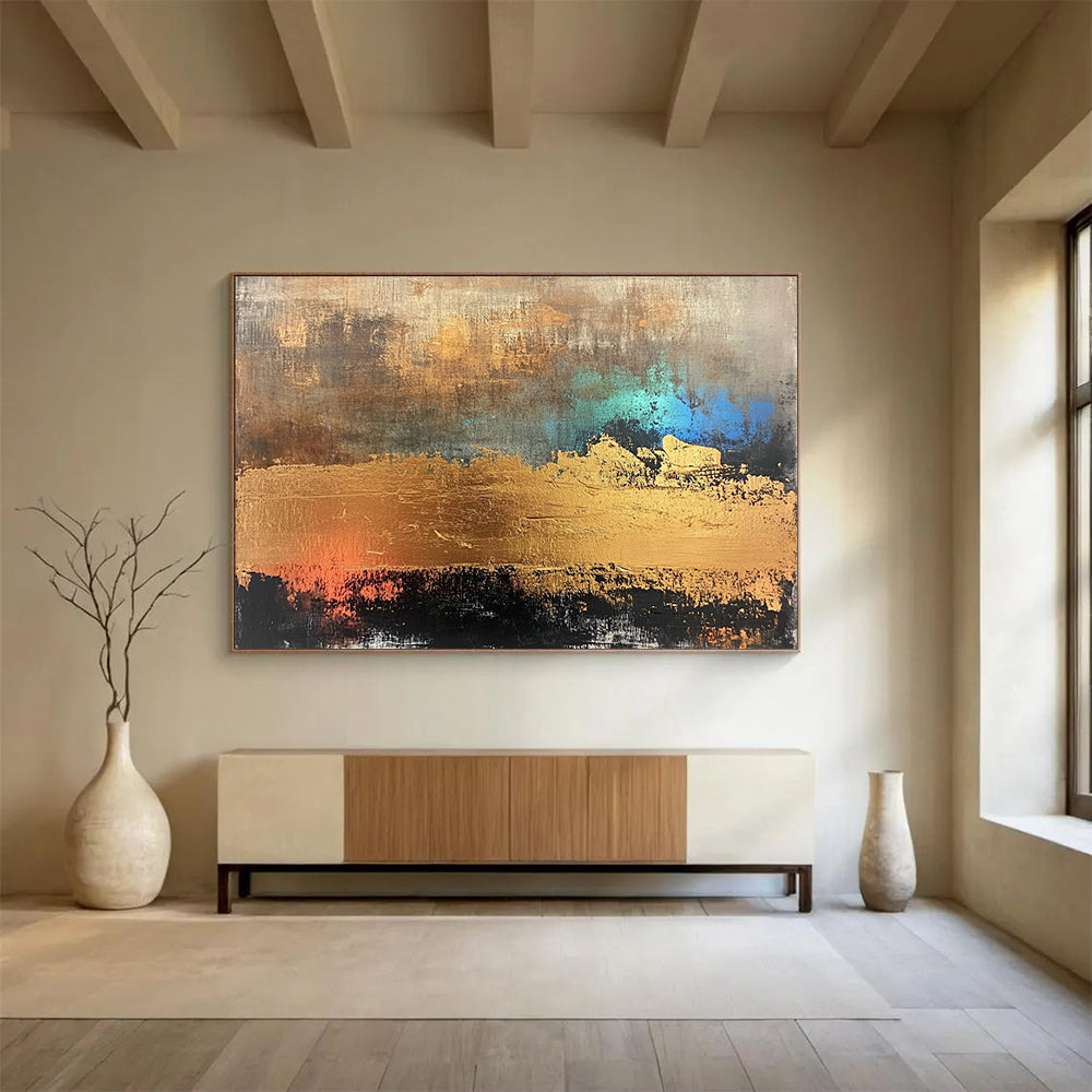 “Gold - Teal Abstract Textures” - Gold, Teal, Abstract Textured Painting On Canvas HB1107