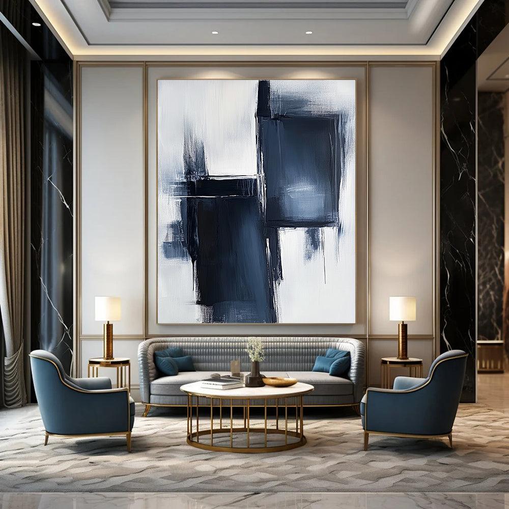 Large contemporary hand-painted abstract artwork featuring light navy and white tones with dark gray brush strokes and minimalist high contrast design. DLZ1649