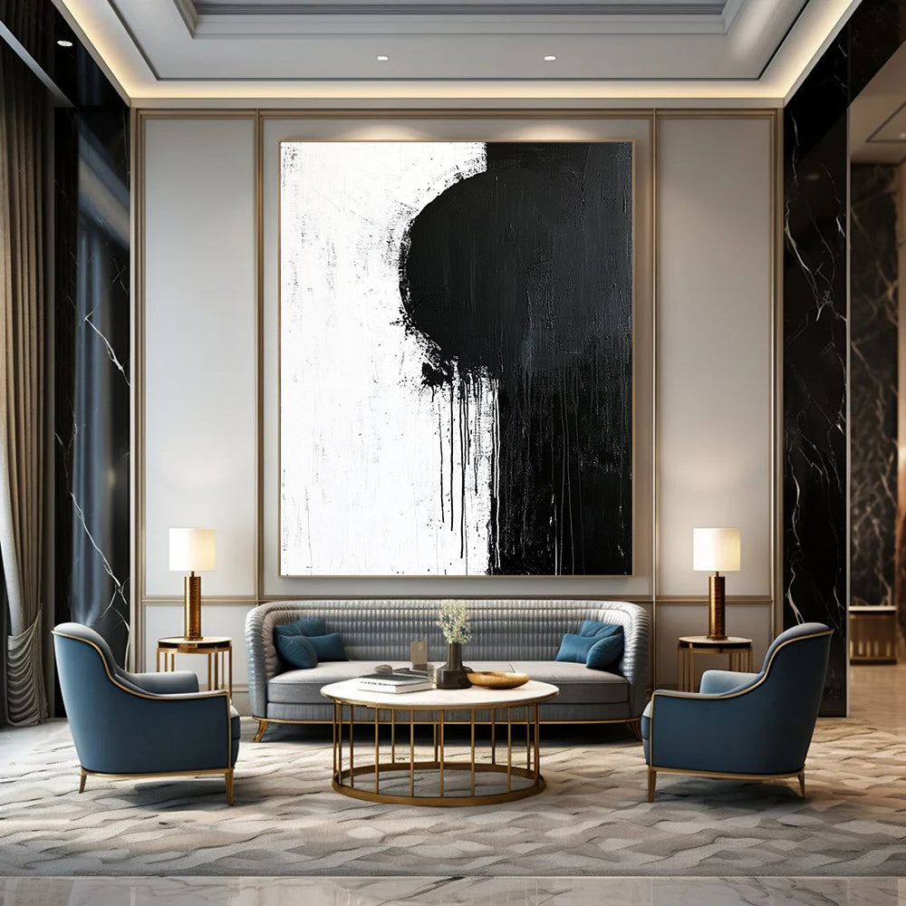 Contemporary hand-painted abstract art featuring bold brush strokes, minimalistic design, dynamic shapes, and unique paint drips on a textured canvas backdrop. DLZ0300