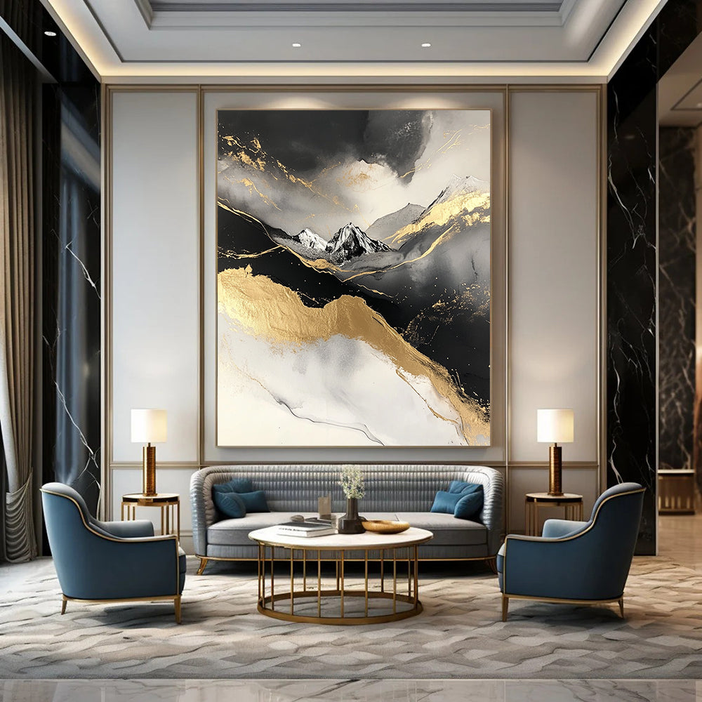 Contemporary abstract painting featuring a snowy mountain design with black and gold marble texture and grey accents on a white background. DLZ0272