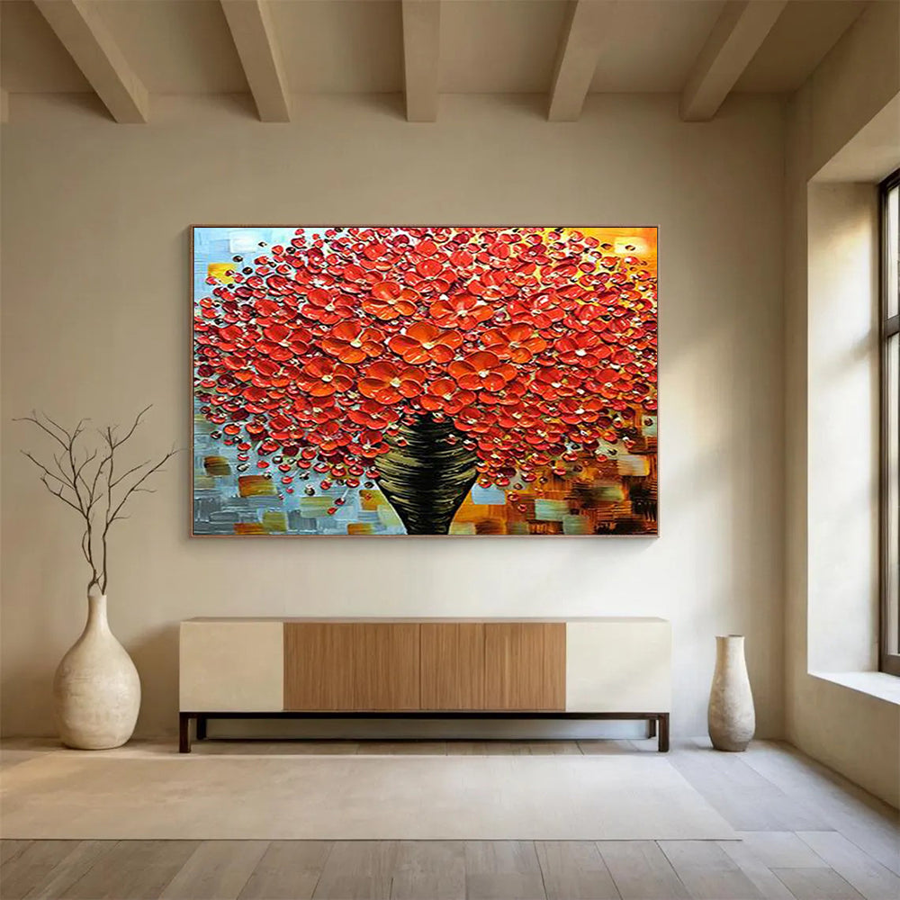 Textured Red Flower Tree - Striking Living Room or Dining Room Decor DLZ226