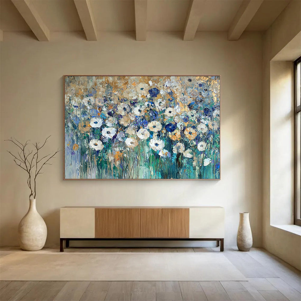 “Gilded Wildflower Field” - Gold - tipped white flowers, blue greens, Impasto Floral Painting On Canvas HB0581