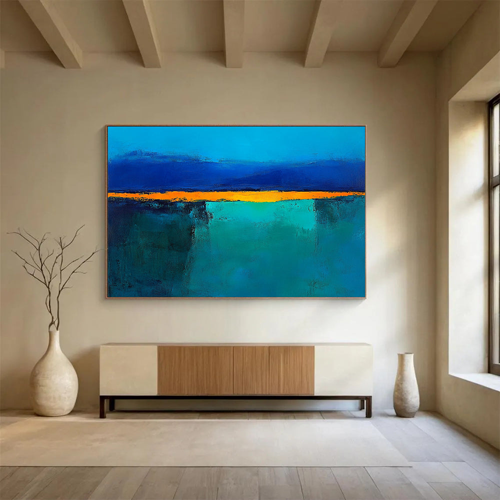 “Blue Orange Abstract Horizon” - Blue, Orange, Teal, Yellow, Horizontal Forms - Painting On Canvas HB1424