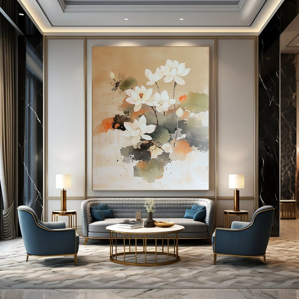Contemporary hand-painted abstract artwork featuring a white lotus tree blooming on a soft brown background with delicate brushstrokes and ethereal watercolor techniques. DLZ1415