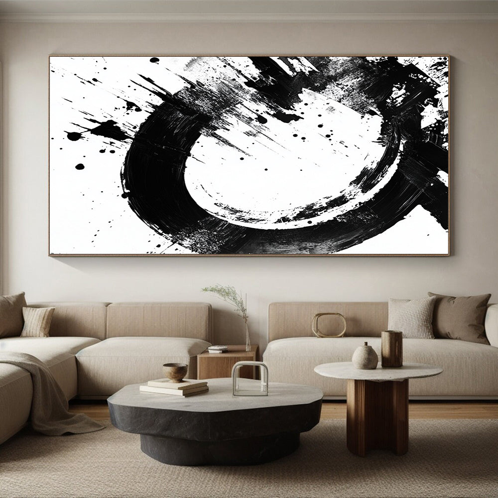 Black Circular Brushstroke with Splatter - “Dynamic Enso Splash” Painting On Canvas HB242