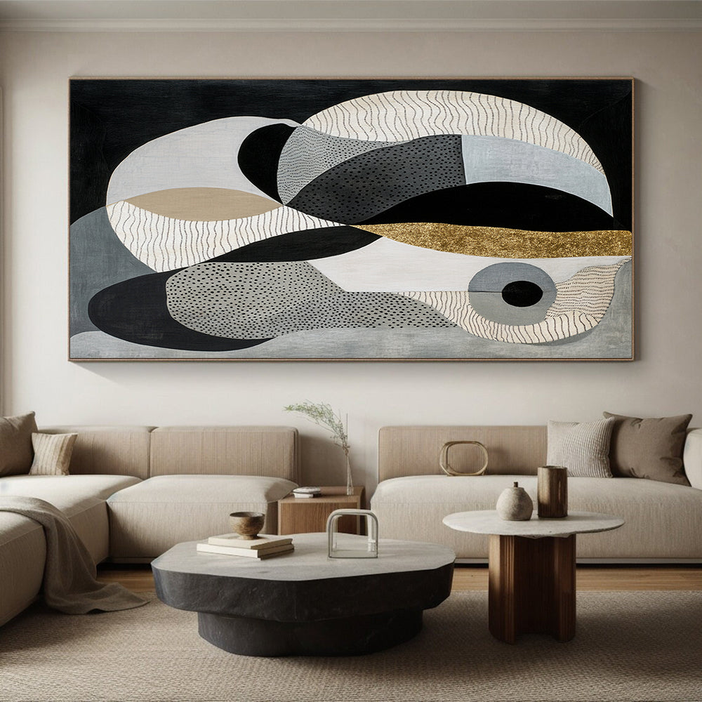 Black, Gray, Beige & Gold Geometric Shapes - “Gilded Modern Geometry” Painting On Canvas HB211
