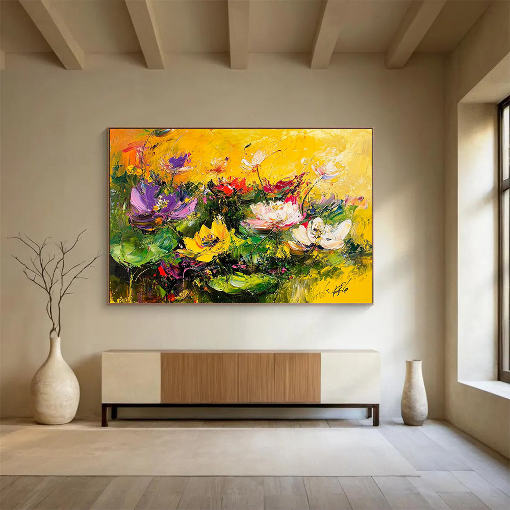 “Vibrant Colorful Lotus Pond” - Vivid Palette, Expressive Lotus Flowers Painting On Canvas HB0877