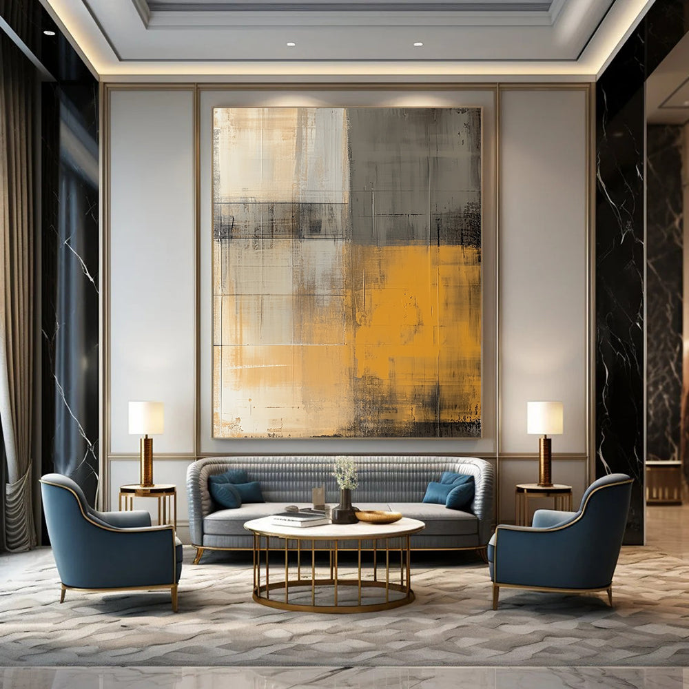 Contemporary abstract artwork featuring an urban city wall in muted yellow and beige hues with a textured vintage aesthetic inspired by Euan Uglow. DLZ0587
