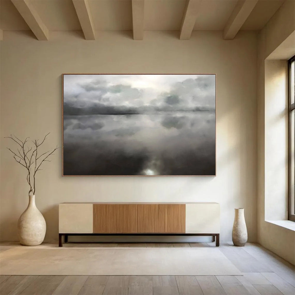 Monochrome Lake Reflection - Oversized Calm Bathroom Art DLZ124