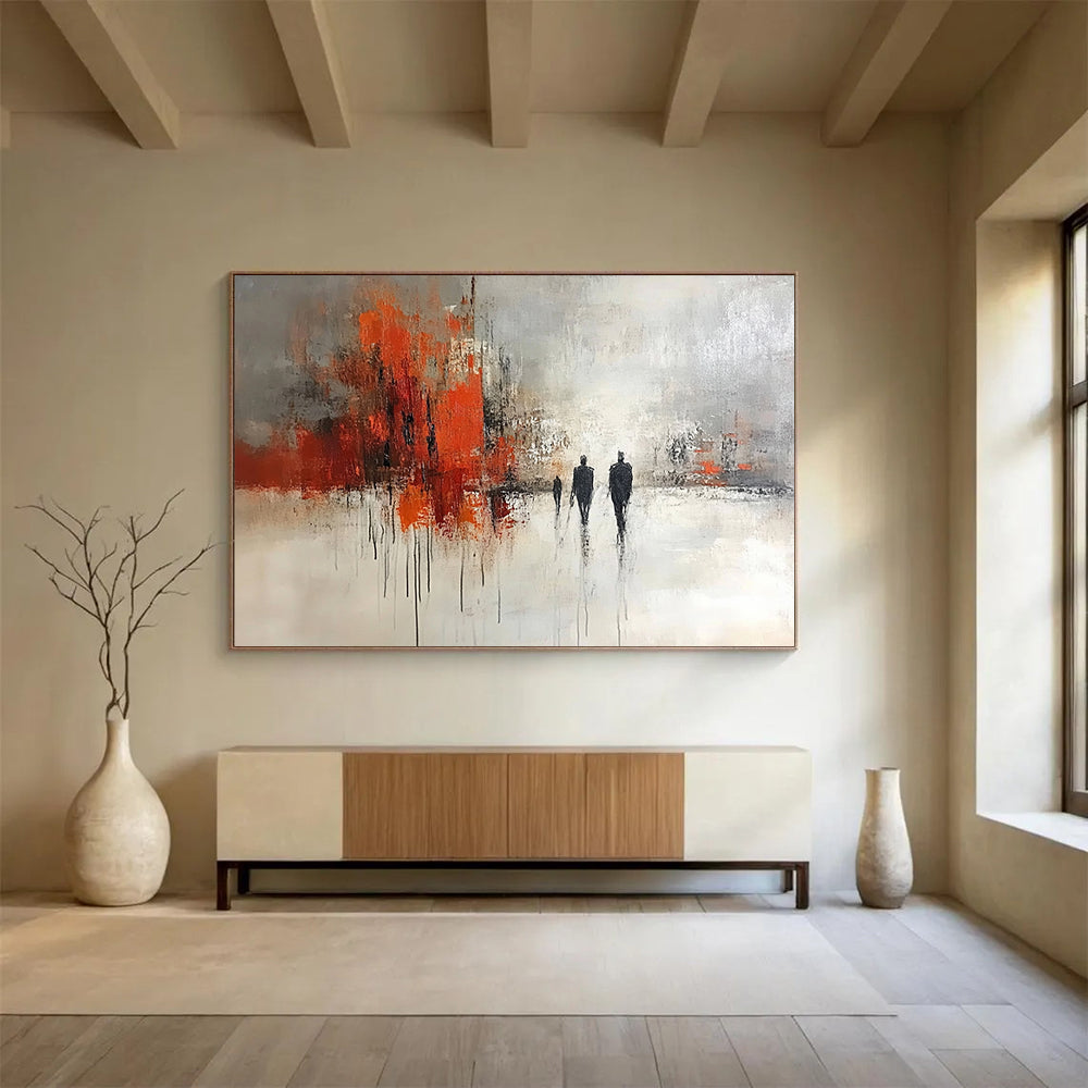 “Urban Stroll” - Gray, Orange, Black, Abstract Figures in Cityscape Painting On Canvas HB1052