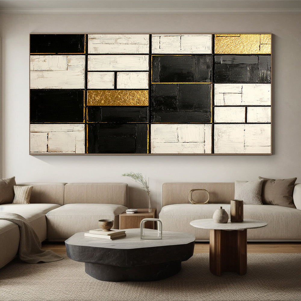 Black, White, Gold, Patchwork Squares "Gilded Mosaic" Abstract Neo - Platicist Painting On Canvas HB147