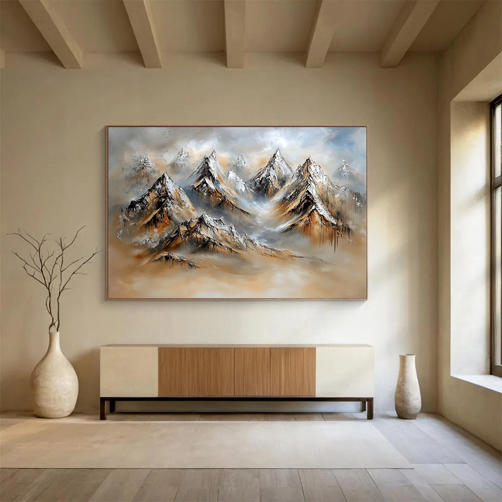 “Textured Mountain Landscape” - Snowy peaks, earthy tones, misty background, Textural Landscape Painting On Canvas HB0602