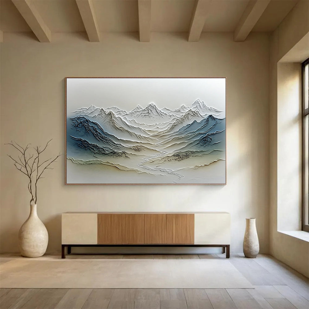 “Textured Mountain Range Relief” - Gray, Blue, Beige, Textured Landscape Painting On Canvas HB0774